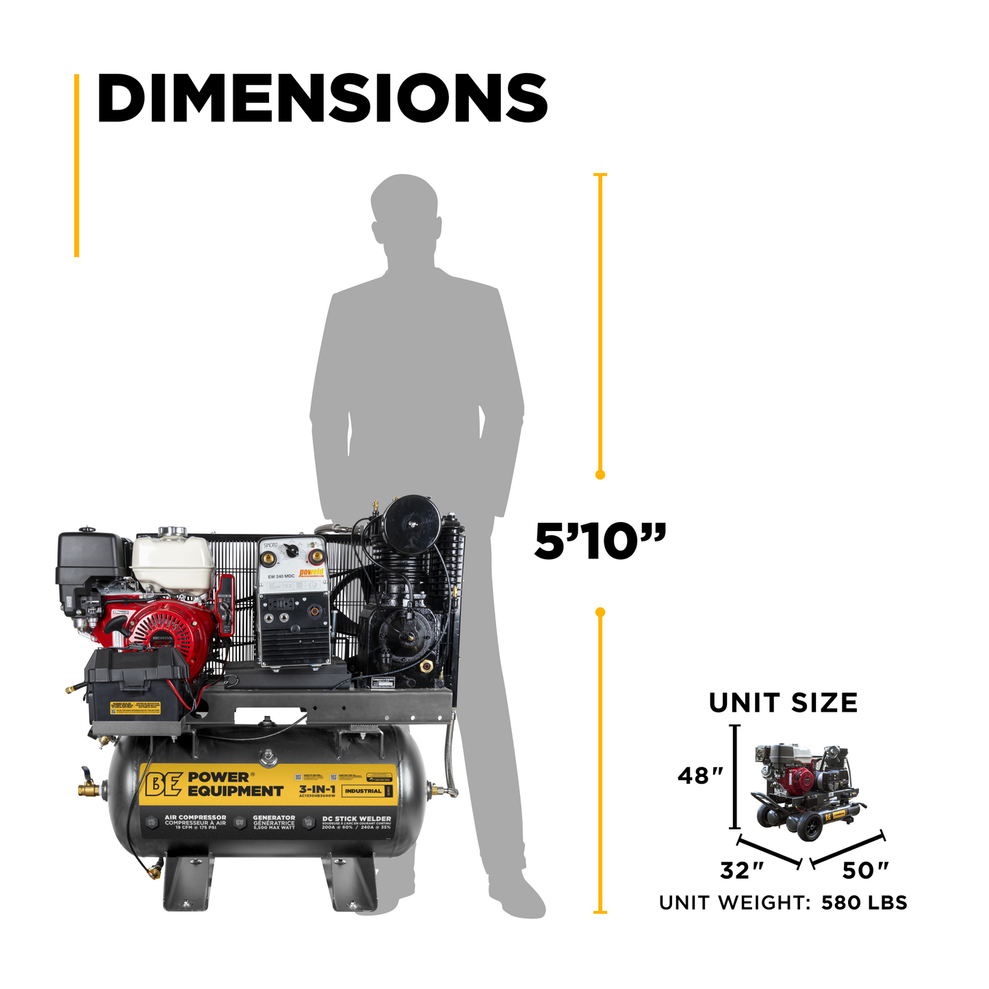 Compresseur d'air à gaz/soudeur/générateur 19 CFM à 175 PSI avec moteur Honda GX390