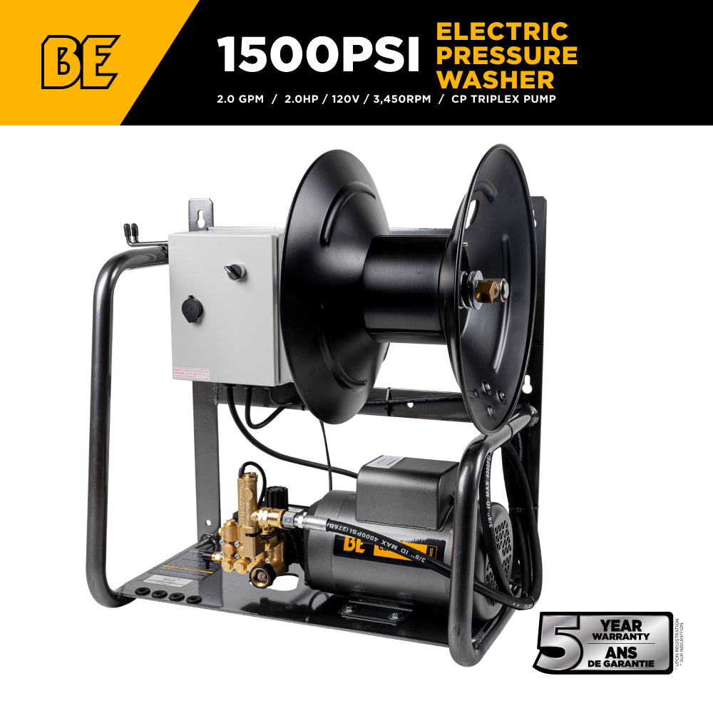 Nettoyeur haute pression électrique mural de 1 500 PSI - 2,0 GPM avec moteur Baldor et pompe AR Triplex