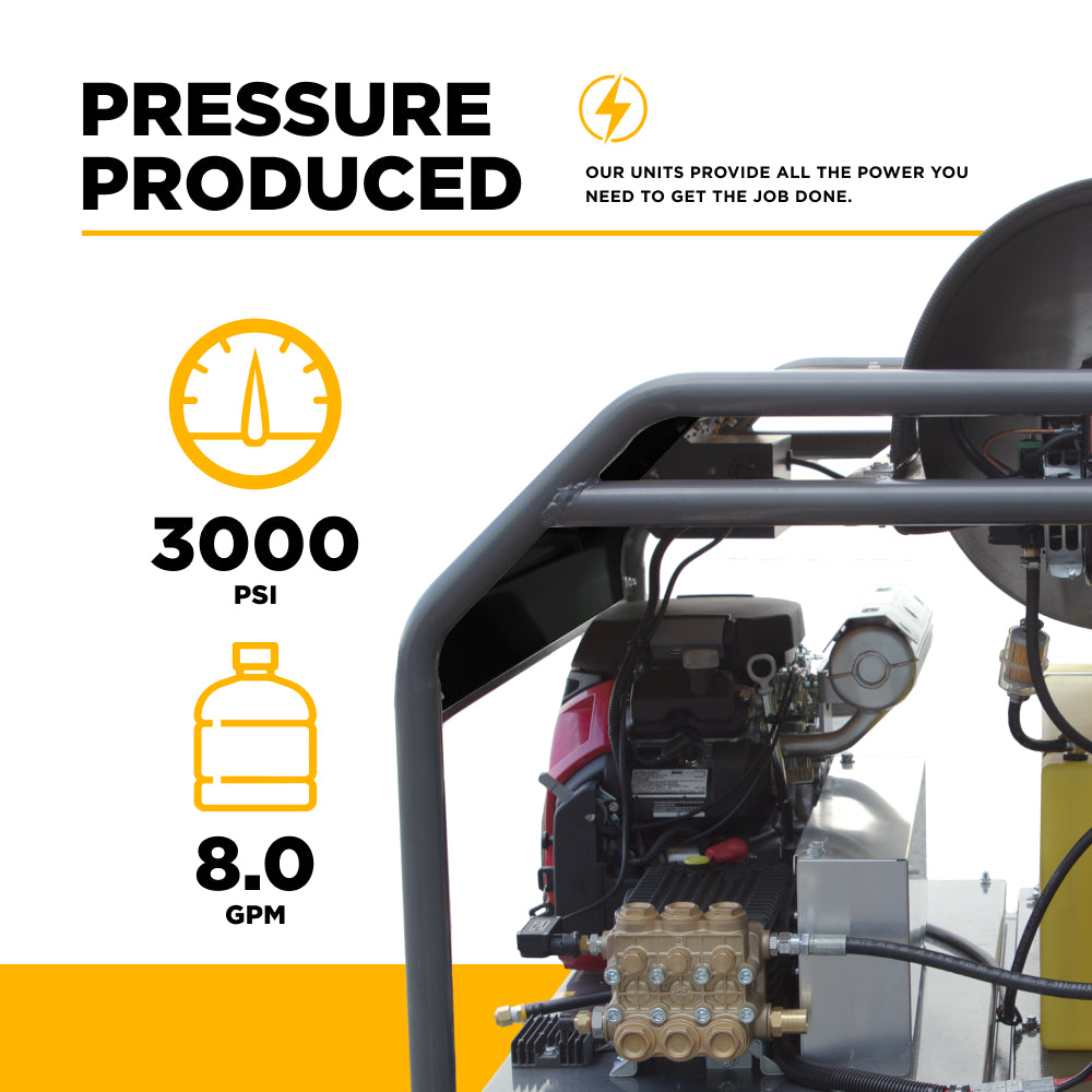 Nettoyeur haute pression à eau chaude de 3 000 PSI - 8,0 GPM avec moteur Honda GX690 et pompe General Triplex