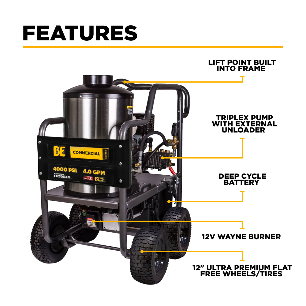 Nettoyeur haute pression à eau chaude de 4 000 PSI - 4,0 GPM avec moteur Honda GX390 et pompe General Triplex