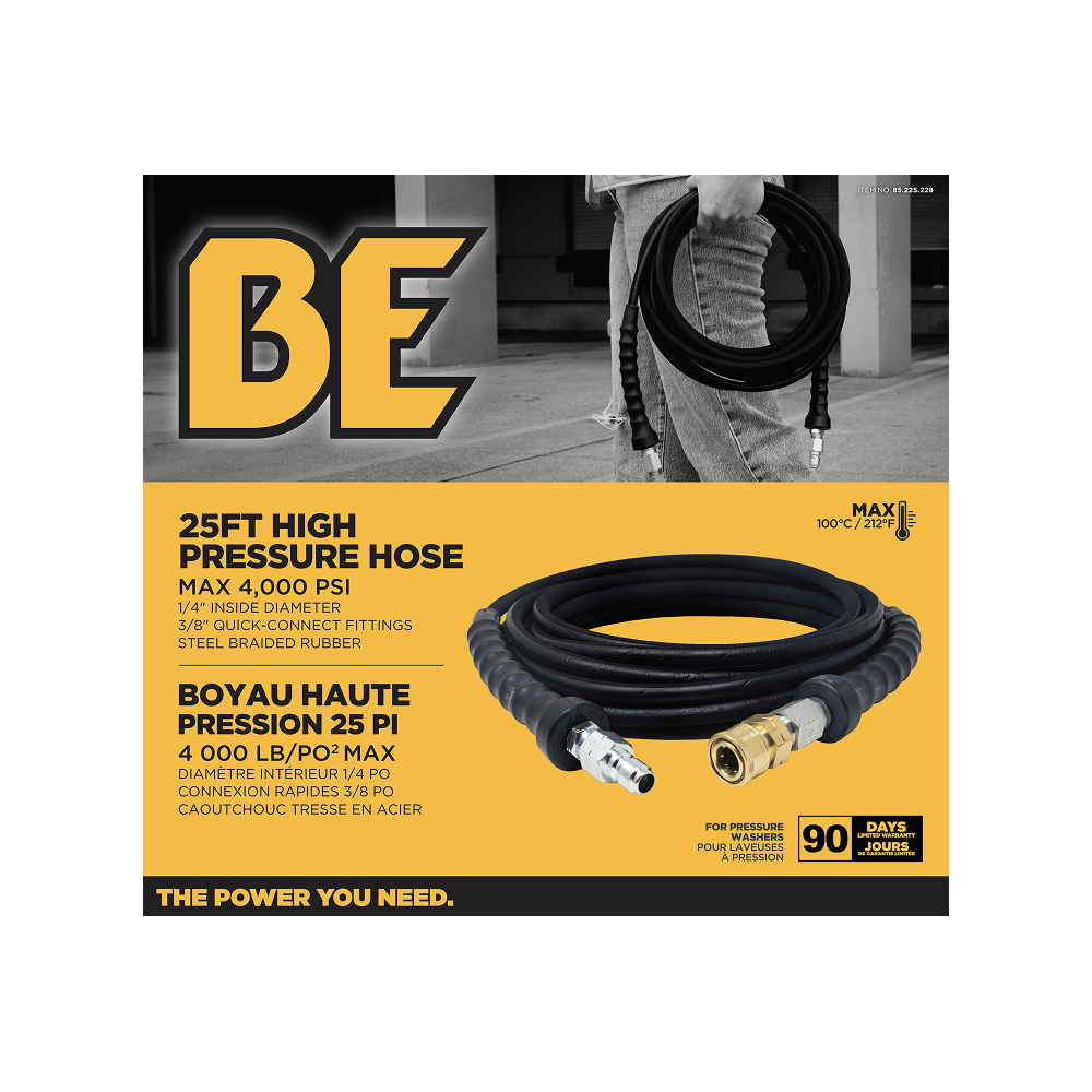 25' x 1/4" 4000 PSI Steel Braid Pressure Washer Hose with Quick Connect Fittings