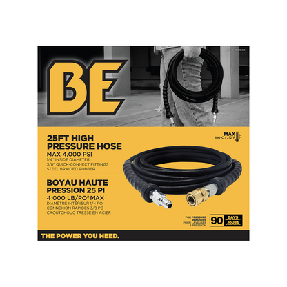 25' x 1/4" 4000 PSI Steel Braid Pressure Washer Hose with Quick Connect Fittings