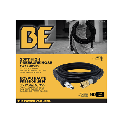 Tuyau de nettoyeur haute pression tressé en acier de 25 pi x 1/4 po, 4 000 lb/po², avec raccords à connexion rapide