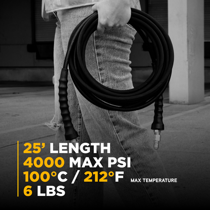 25' x 1/4" 4000 PSI Steel Braid Pressure Washer Hose with Quick Connect Fittings