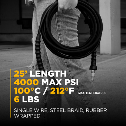 Tuyau de nettoyeur haute pression tressé en acier de 25 pi x 1/4 po, 4 000 lb/po², avec raccords à connexion rapide