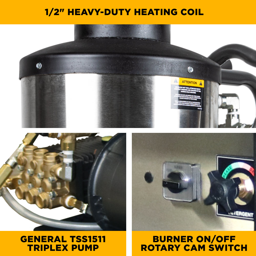 2,000 PSI 4.0 GPM Hot Water Electric Pressure Washer with 5.0 HP Baldor Motor and General Triplex Pump- 64HD-3