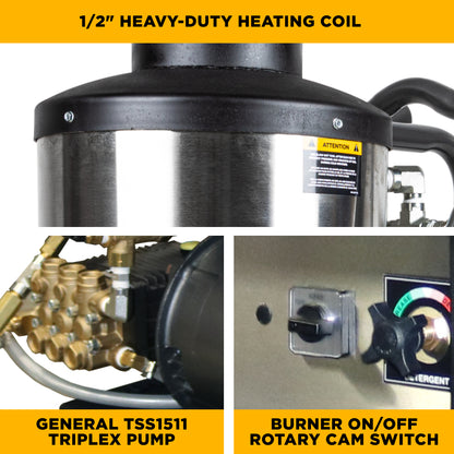2,000 PSI 4.0 GPM Hot Water Electric Pressure Washer with 5.0 HP Baldor Motor and General Triplex Pump- 64HD-3