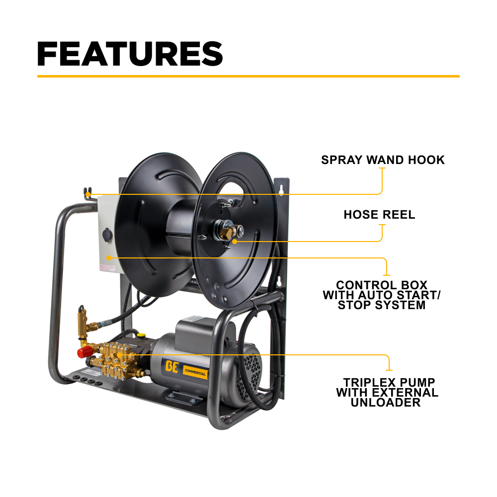 Nettoyeur haute pression électrique mural de 1 500 PSI - 2,0 GPM avec moteur Baldor et pompe AR Triplex