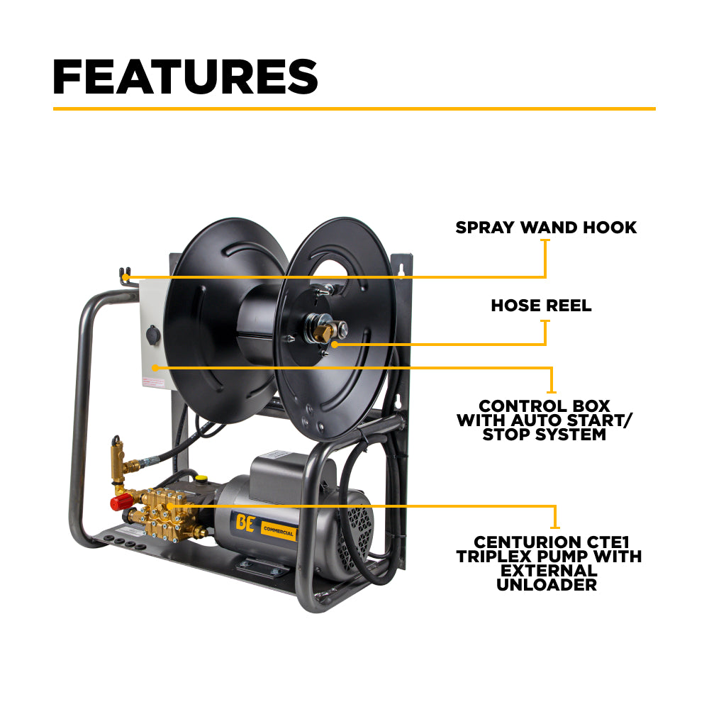 Nettoyeur haute pression électrique mural de 1 500 PSI - 2,0 GPM avec moteur Baldor et pompe AR Triplex