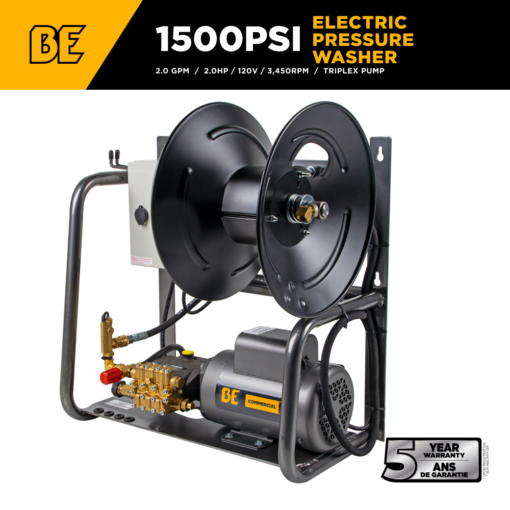 Nettoyeur haute pression électrique mural de 1 500 PSI - 2,0 GPM avec moteur Baldor et pompe Triplex General