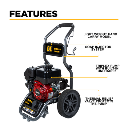 3400PSI 2.5GPM Cold Water Gas Pressure Washer - BE3465KX