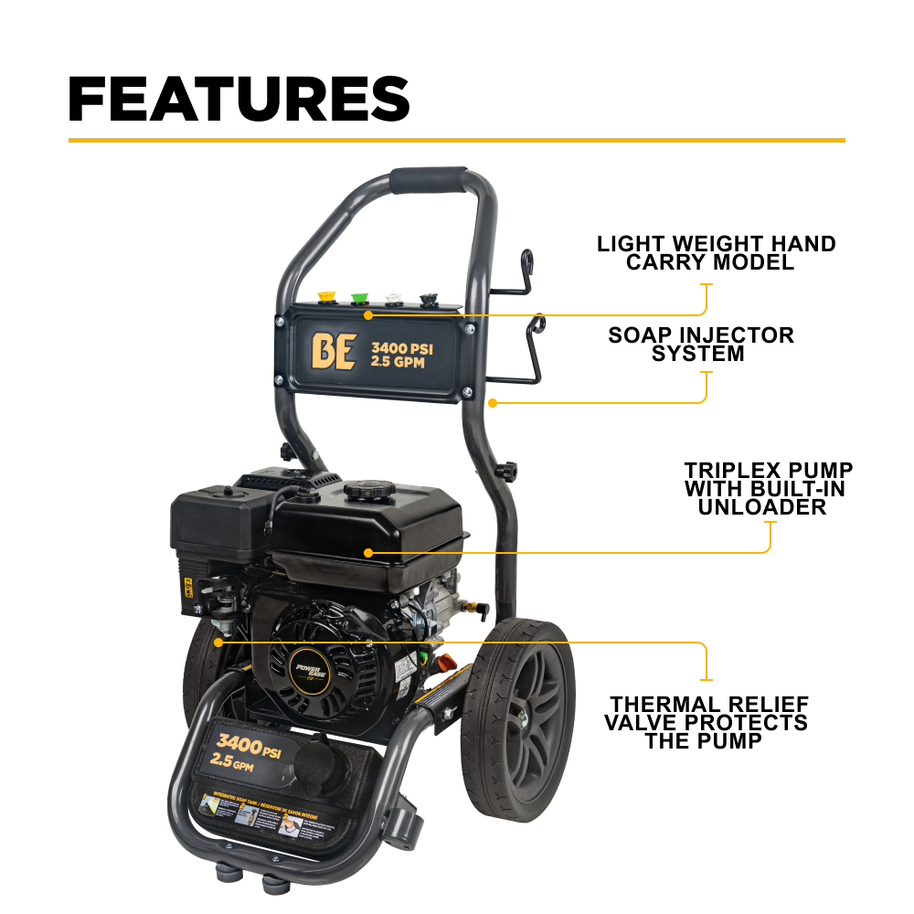 3400PSI 2.5GPM Cold Water Gas Pressure Washer - BE3475PX