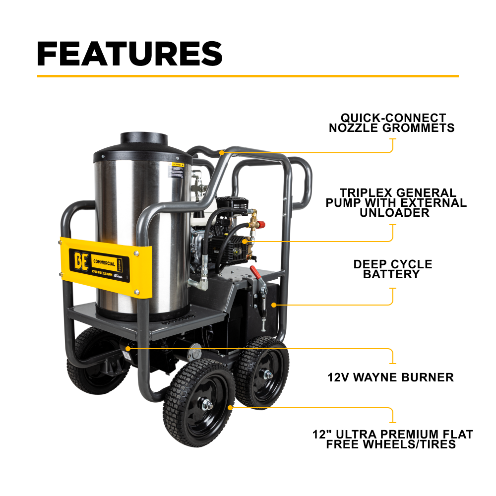 3000PSI 3.0GPM Hot Water Pressure Washer with Honda GX200 Engine and General Triplex Pump - HW2765HG