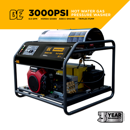 3000PSI 8.0GPM Hot Water Pressure Washer with Honda GX690 Engine and General Triplex Pump - HW3024HG12V