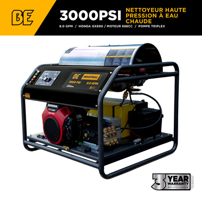 Nettoyeur haute pression à eau chaude 3 000 PSI, 8 GPM, avec moteur Honda GX690 et pompe triplex General - HW3024HG12V