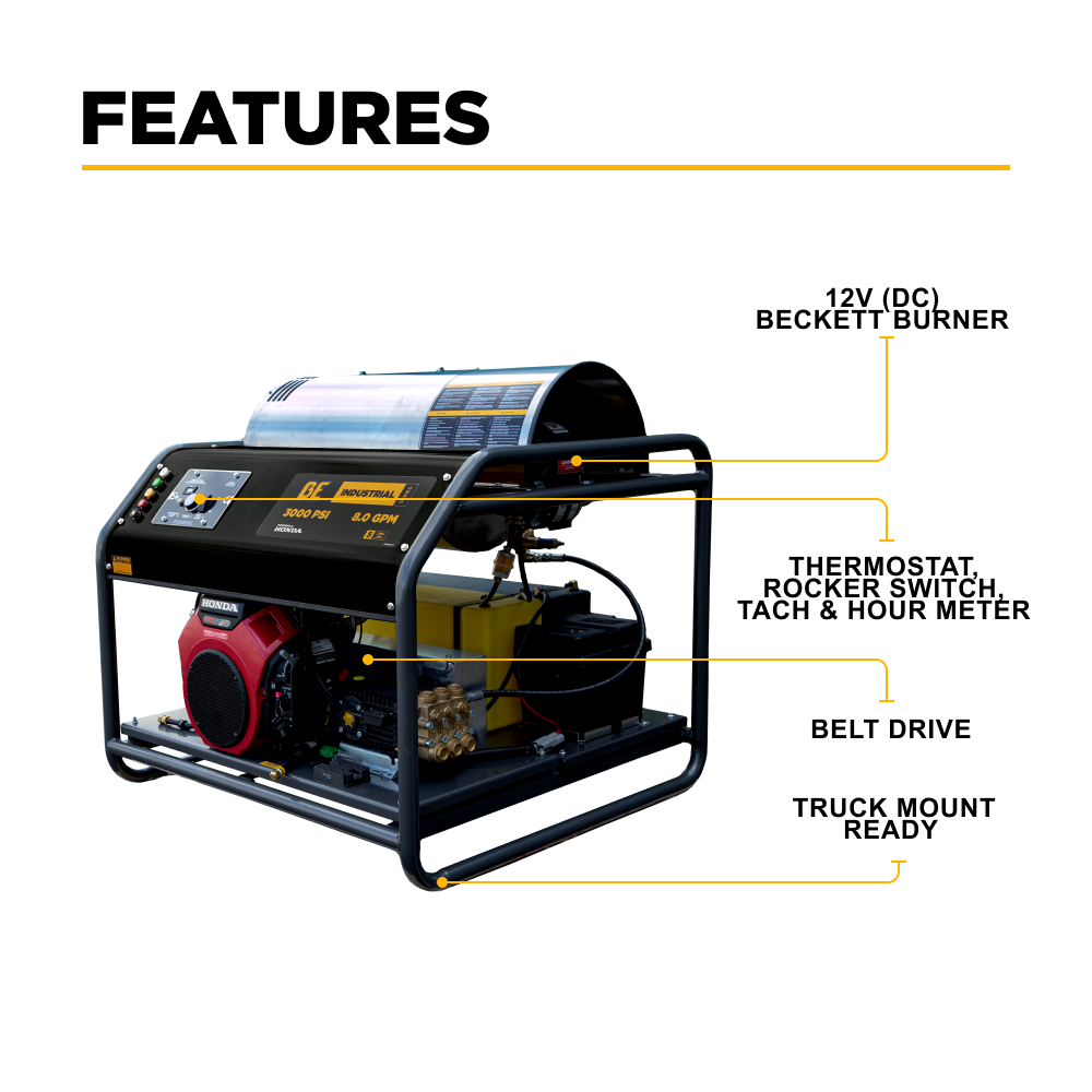 3000PSI 8.0GPM Hot Water Pressure Washer with Honda GX690 Engine and General Triplex Pump - HW3024HG12V