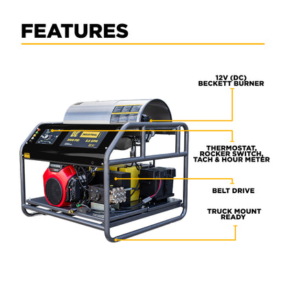 Nettoyeur haute pression à eau chaude 3 000 PSI, 8 GPM, avec moteur Honda GX690 et pompe triplex General - HW3024HG12V
