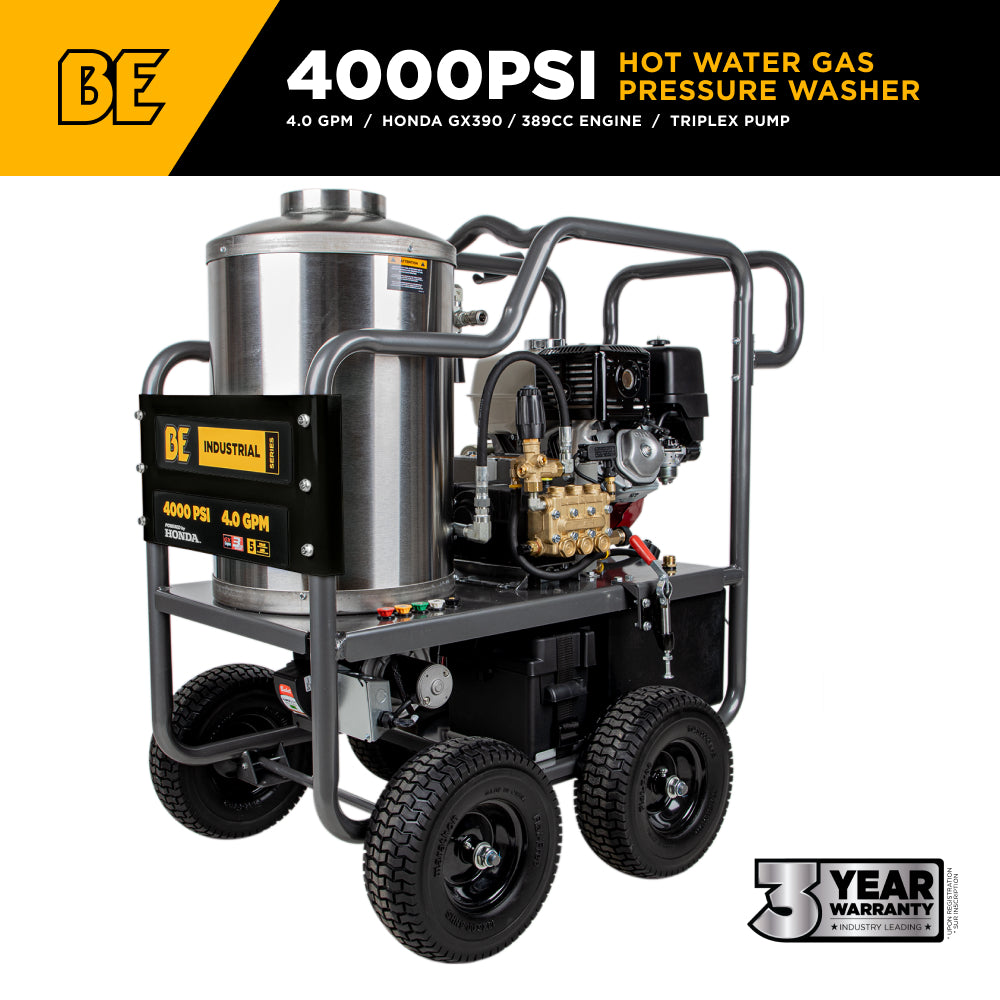 Nettoyeur haute pression à eau chaude de 4 000 PSI - 4,0 GPM avec moteur Honda GX390 et pompe General Triplex à entraînement par courroie