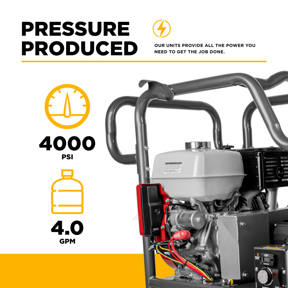 Nettoyeur haute pression à eau chaude de 4 000 PSI - 4,0 GPM avec moteur Honda GX390 et pompe General Triplex à entraînement par courroie