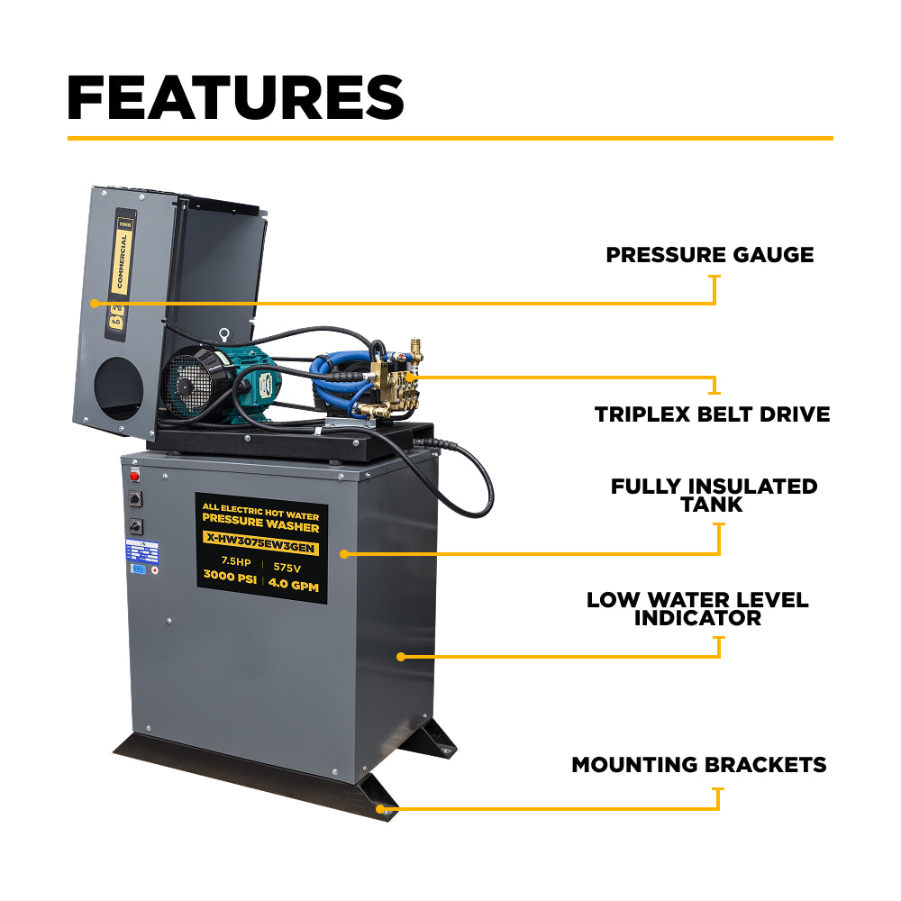 3,000 PSI 4.0 GPM 7.5 HP Hot Water Pressure Washer with 7.5HP Motor and General Triplex Pump - X-HW3075EW3GEN