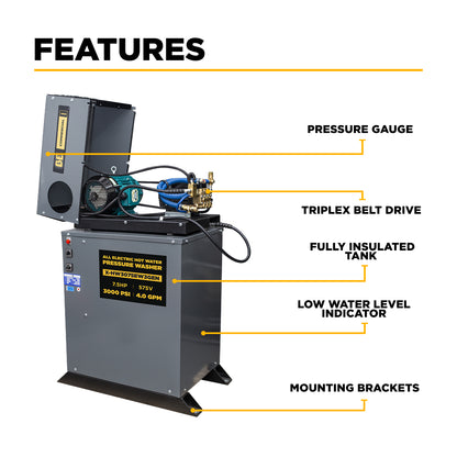 3,000 PSI 4.0 GPM 7.5 HP Hot Water Pressure Washer with 7.5HP Motor and General Triplex Pump - X-HW3075EW3GEN