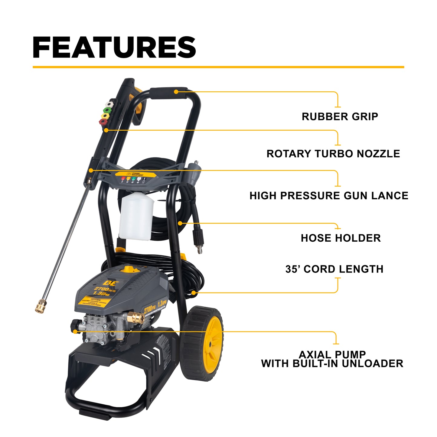 Nettoyeur haute pression électrique 2 700 PSI - 1,3 GPM avec pompe axiale AR