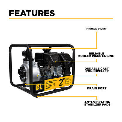 2" High-Pressure Water Transfer Pump with Kohler SH270 Engine