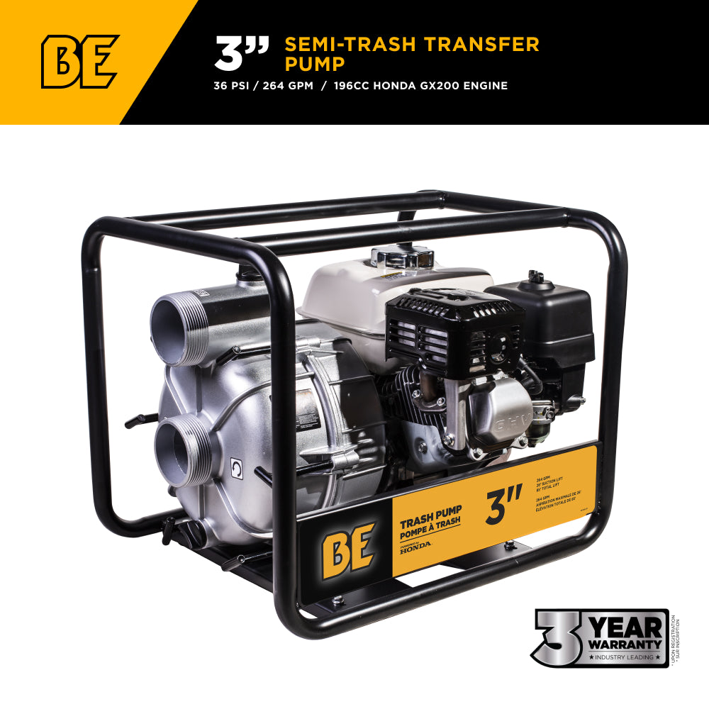 3" 36PSI 264GPM Semi-Trash Transfer Pump with Honda GX200 Engine