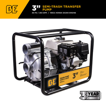 3" 36PSI 264GPM Semi-Trash Transfer Pump with Honda GX200 Engine
